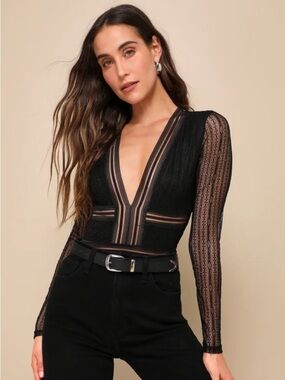 Black sheer lace long sleeve body suit